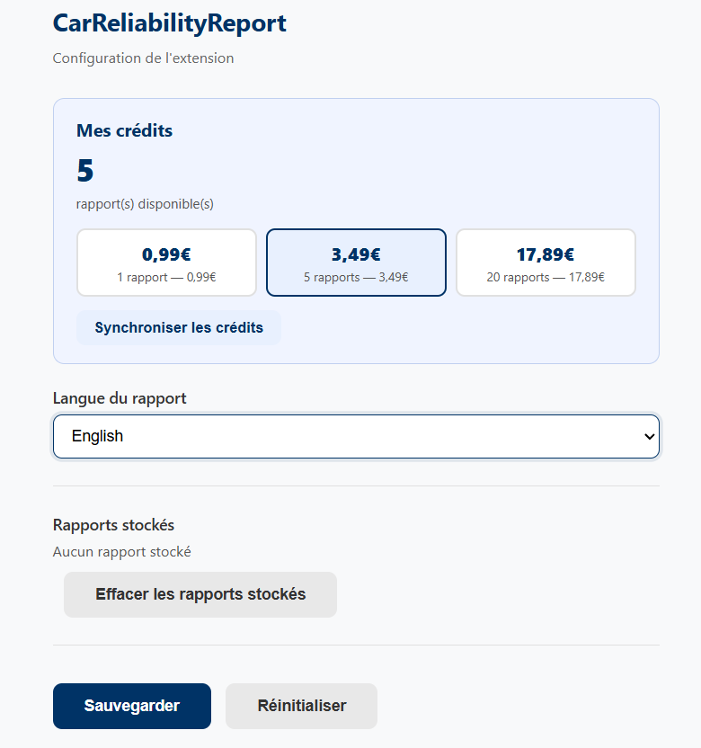 Interface de recharge de crédits CarReliabilityReport